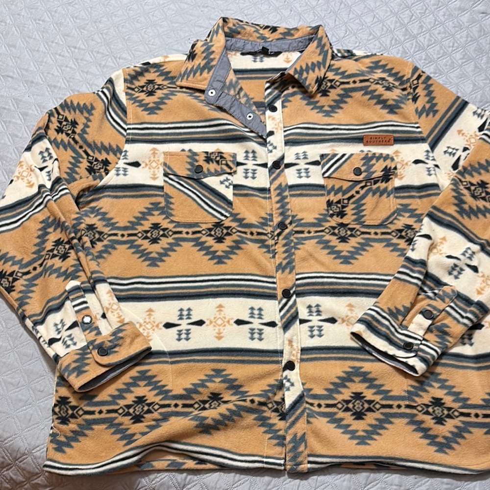 Mens 2X Simply Southern Aztec Patterned Button-Up Fleece Shirt